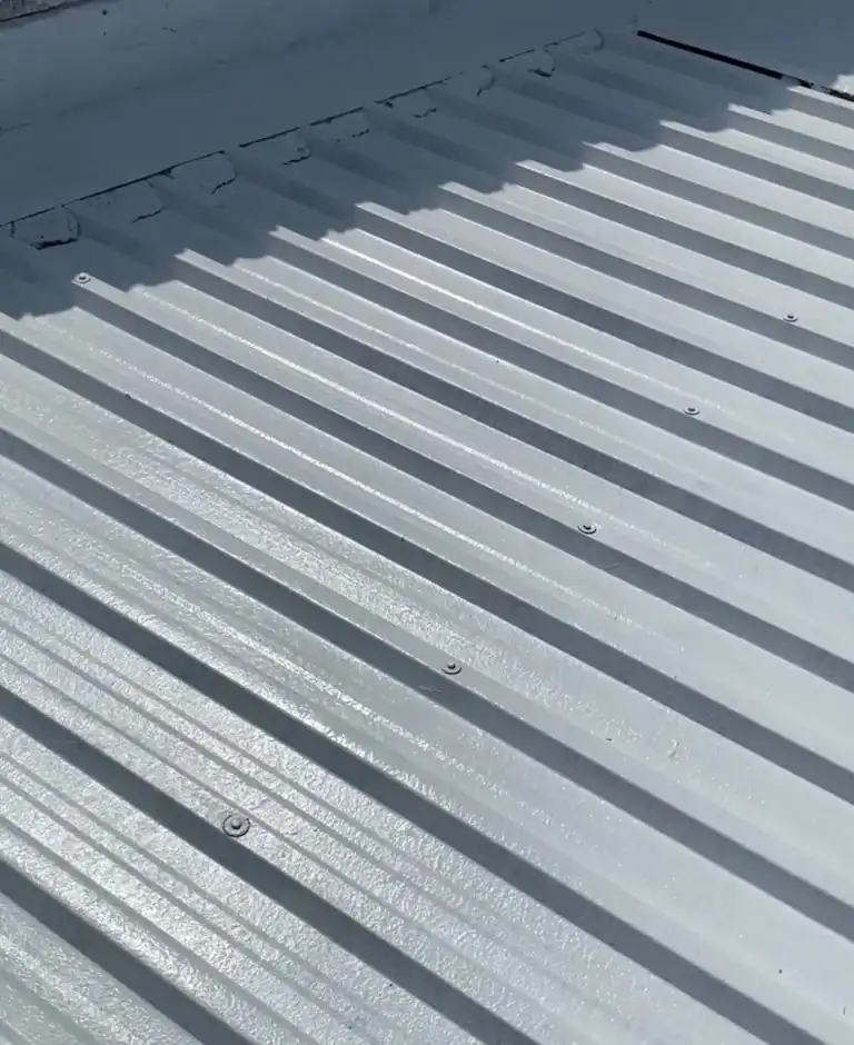 Close-up of silver metal roof panels with ridges and screws.
